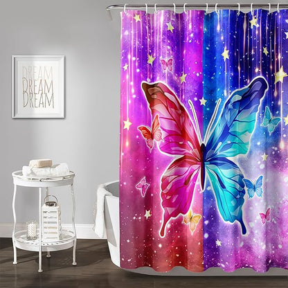 AILONEN Butterfly Shower Curtain,Red and Blue Butterfly Bath Curtain,Tie Dye Starry Rainbow Modern Decorative Shower Curtain with 12 Plastic Hooks (Kids/Girls/Women/Teen/) 60" W*72" H