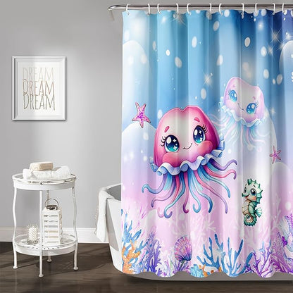 AILONEN Jellyfish Shower Curtain, Cute Jellyfish Starfish Seahorse Coral Pink Bath Curtain,Ocean Theme Shower Curtain 72" W*78" H Polyester Waterproof Bathroom Curtain with 12 Hooks