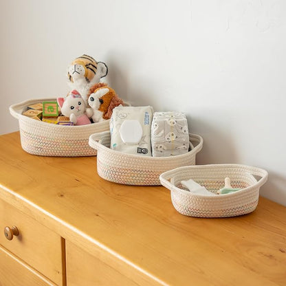 OrganiHaus Set of 5 Rectangle Bathroom Storage Baskets for Organizing, Small Woven Baskets for Storage Basket for Bathroom, Nursery Storage Basket for Baby Nursery Organization, Cute Bins, Rainbow