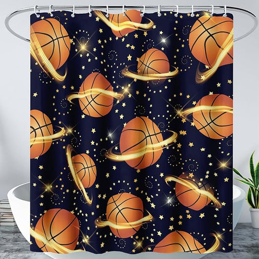 AILONEN Sports Basketball Shower Curtain for Bathroom, Space Planet Ball Print Bath Curtain,Yellow Star Basketball Kids Boys Bathroom Decor Waterproof 72" W*96" H Inch with 12 Plastic Hooks