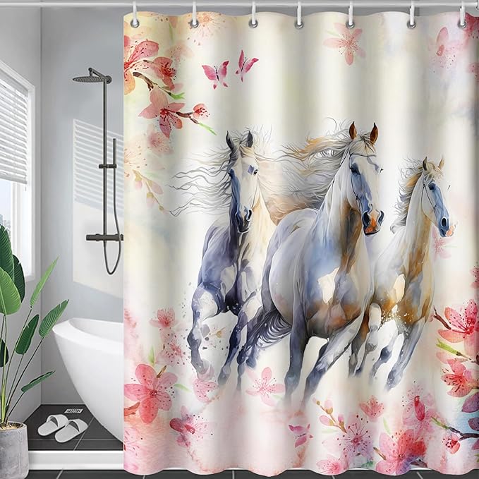 AILONEN Girls Flower Horse Shower Curtain for Bathroom,Galloping Horse Bath Curtain,Pink Watercolor Floral Horse Waterproof Curtain with 12 Plastic Hooks, 36" W*72" H