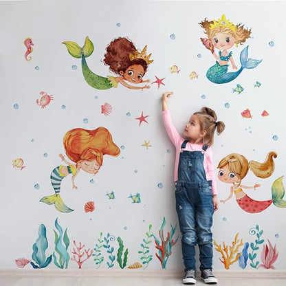 Mfault Multicultural Mermaid Under The Sea Wall Decal Stickers, Ocean Creature Marine Life Seaweed Nursery Decoration Baby Girl Bedroom Playroom Art, Coastal Beach Toddler Kid Room Bathroom Decor