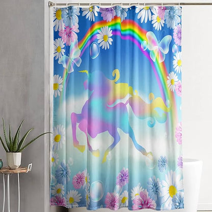 AILONEN Unicorn Shower Curtain, Kawaii Rainbow Unicorn Theme Bathroom Decor,Colorful Flower Butterfly Waterproof Fabric Shower Curtain Set for Girls Teens Kids,72" W*78" H