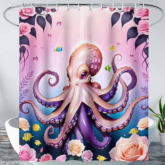 AILONEN Cartoon Pink Octopus Shower Curtain for Bathroom,Octopus Tentacles with Rose Bath Curtain for Kids,Girls,Ocean Animal Theme Waterproof Fabric Shower Curtain Set with Hooks,60" W*72" H