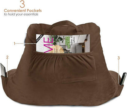 Nestl Reading Pillow Standard Bed Pillow, Back Pillow for Sitting in Bed Memory Foam Chair Pillow, Reading & Bed Rest Pillows Chocolate Brown Back Pillow for Bed, Bed Chair Arm Pillow with Pockets