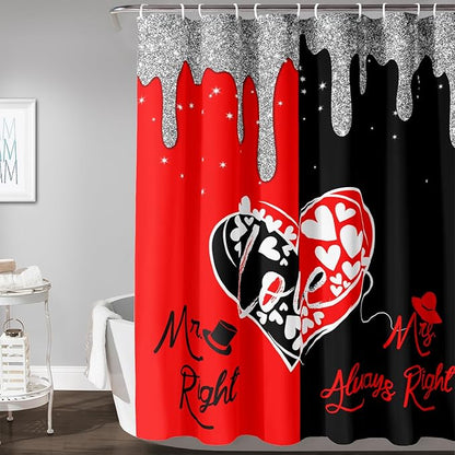 AILONEN Mr Mrs Black and Red Shower Curtain,Love Hearts Pattern Mr Right Mrs Always Right Theme Bath Curtain,Modern Print Decoration Waterproof Shower Curtain with 12 Plastic Hooks, 72" W*78" H