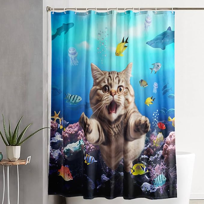 AILONEN 3D Swimming Cat Shower Curtain Set,Coral Bath Curtain for Kids Girls Boys,Sea Animals Ocean Theme Shower Curtain,Cat Lovers Animal Shower Curtains for Bathroom Decor, 72" W*72" H