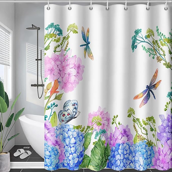 AILONEN Purple Blue Floral Shower Curtain,Watercolor Flower Leaves Wildflower Decorative Bath Curtain 72" W*72" H Polyester Fabric Waterproof Bathroom Curtain with 12 Plastic Hooks