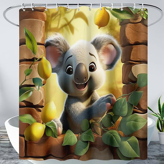 AILONEN Cartoon Koala Shower Curtain for Kids,Kawaii Lemon Koala Shower Curtain for Bathroom,Lovely Animals Shower Curtain Set with Hooks,72" W*72" H