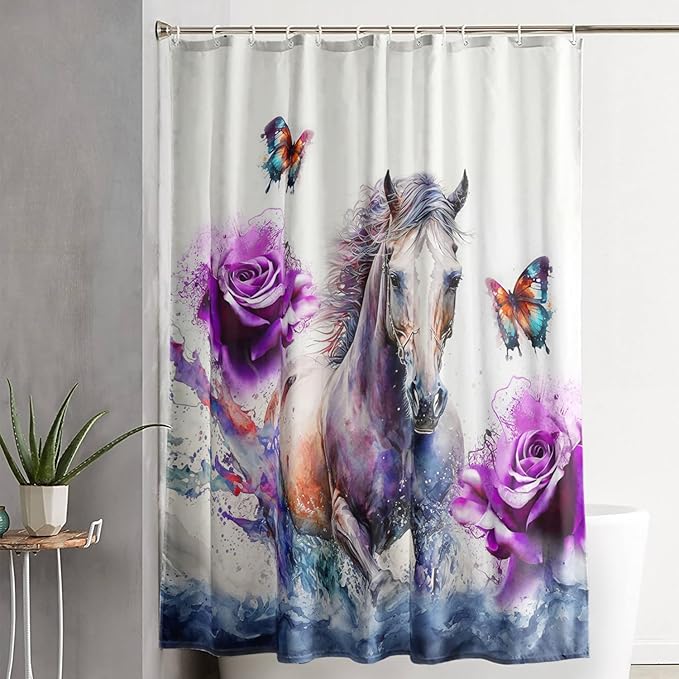 AILONEN 3D Horse Shower Curtain,Galloping Horses with Butterfly Waterproof Fabric Shower Curtains for Bathroom,Oil Purple Rose Bath Curtain Set with Hooks, 72" W*78" H
