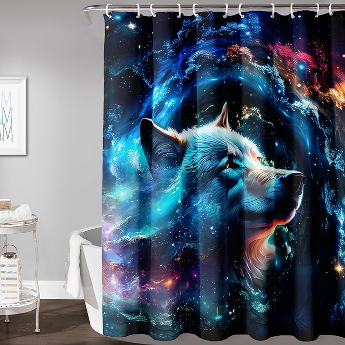 AILONEN 3D Wolf Shower Curtain for Bathroom,Blue Space Galaxy Starry Clouds Wolf Printed Bath Curtain,Boys Teen Kids Wild Animal Wolf Decoration Shower Curtain Waterproof 72" W*96" H