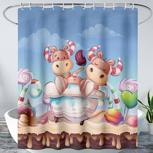 AILONEN Cute Cow Kids Shower Curtain 72" W*84" H Cartoon Candy Printed Shower Curtain Boys Girls Children Bathroom Curtain Decor Polyester Waterproof Curtain with 12 Hooks
