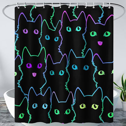 AILONEN Cute Cat Shower Curtain for Bathroom,Gradient Line Kawaii Kitten Bath Curtain for Kids Boys Girls,Color Cartoon Animal Polyester Waterproof with 12 Plastic Hooks 72" W*72" H