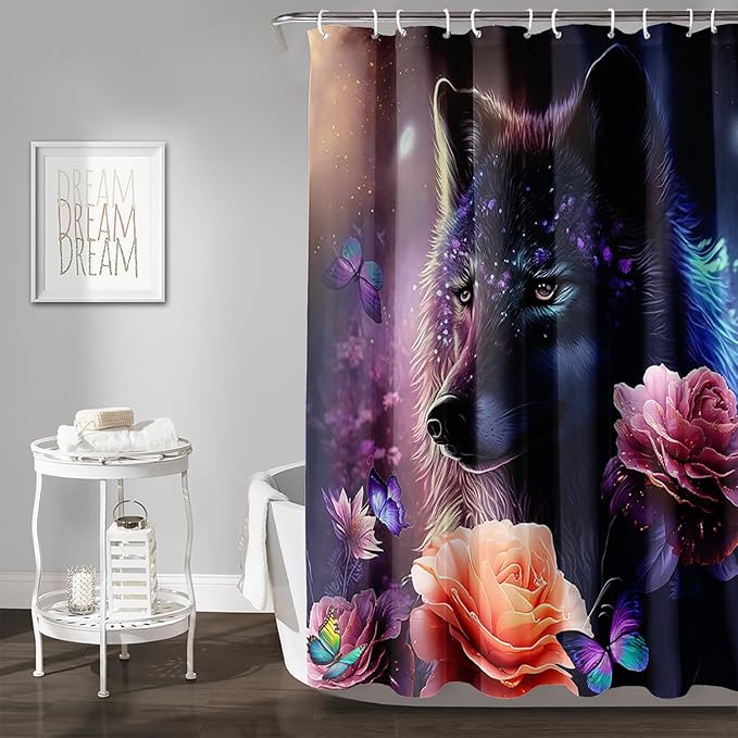 AILONEN Wolf Shower Curtain,Butterfly Flower Wolf Bath Curtain for Kids Boys Girls,Polyester Waterproof for Bathroom with 12 Plastic Hooks 72" W*84" H