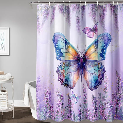 AILONEN Butterfly Shower Curtain for Bathroom, Purple Lavender Bath Curtain Decor,Flower Butterfly Waterproof Shower Curtain with 12 Plastic Hooks (Kids/Girls/Women/Teens) 60" W*72" H