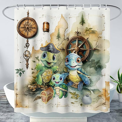 AILONEN Cartoon Sea Turtle Shower Curtain,Kawaii Turtle Bathroom Curtains for Kids,Girls,Nautical Compass Anchor Shower Curtains Set with Hooks for Bathroom,36" W*72" H