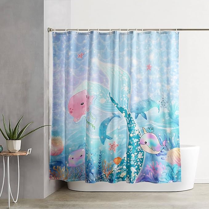 AILONEN Mermaid Tail Shower Curtain Set, Beautiful Glitter Mermaid Tail Cloth Bath Curtain for Bathroom,Cute Whale Jellyfish Polyester Waterproof Shower Curtain with Hooks,72" Wx84 H