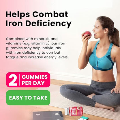 2 Pack Iron Gummies with Multivitamin, Iron Supplement for Women & Men with Zinc, Vitamin B Complex & C, B12, Folate - Blood Builder & Energy Support for Adults & Kids - Strawberry Flavor, Vegan 120ct