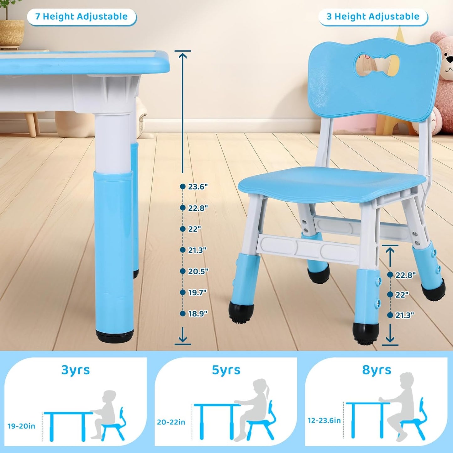 Kids Table and 6 Chairs Set, Height Adjustable Graffiti Desk, Preschool Activity Art Craft Table, for Daycare Classroom Home Boys and Girls Age 3-12 (Blue)