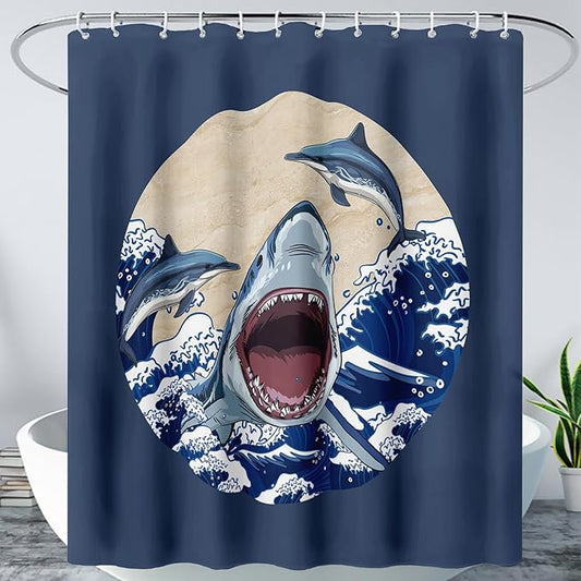 AILONEN Cartoon Shark Shower Curtain for Kids Boys Girls,Blue Ocean Wave with Shark Waterproof Fabric Shower Curtain for Bathroom,Jumping Dolphin Shower Curtain Set with Hooks,72" W*84" H