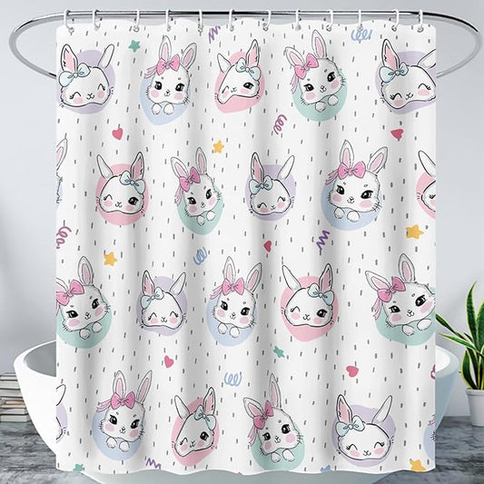 AILONEN Cute Rabbit Shower Curtain, Cartoon Kawaii Bunny Shower Curtain for Bathroom,Modern Minimalist White Waterproof Fabric Shower Curtain Set with Hooks 36" W*72" H