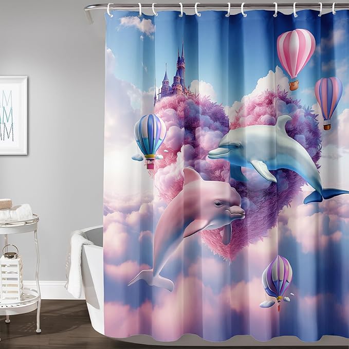 AILONEN Cute Dolphin Shower Curtain,Romantic Pink Sky Clouds Hearts Print Bath Curtain,Blue and Pink Dolphin Shower Curtain Waterproof for Bathroom Decor with 12 Plastic Hooks, 72" W*84" H