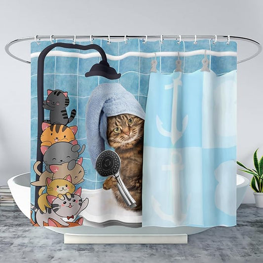 AILONEN Funny Cat Shower Curtain for Kids 72"W*84"H Inch, Cartoon Animal Bathroom Curtain,12 Pack Hooks Polyester Waterproof Fabric Decor for Bathroom,Cute Kitten Taking Shower Cloth Fabric Bathroom