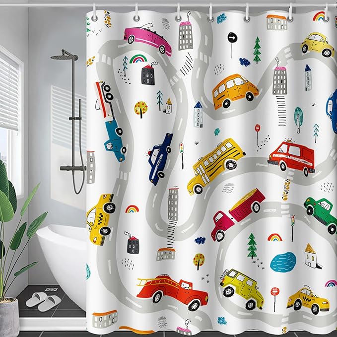 AILONEN Construction Shower Curtain, Truck Fire Engine Police Car Bath Curtain for Kids Boys,Red Yellow Blue Truck Car Bathroom Decor Waterproof Fabric 48" W*72" H Inch with 12 Plastic Hooks