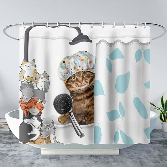 AILONEN Funny Cat with Shower Cap Shower Curtain for Kids 36" W*72" H Inch,Cute Cartoon Animals Bathroom Curtain,12 Pack Hooks Polyester Waterproof Fabric Decor for Bathroom,White