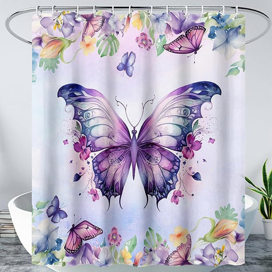 AILONEN Butterfly Shower Curtain for Bathroom, Purple Butterfly Bath Curtain Decor,Modern Printed Waterproof Shower Curtain with 12 Plastic Hooks (Kids/Girls/Women/Teen/) 72" W*72" H