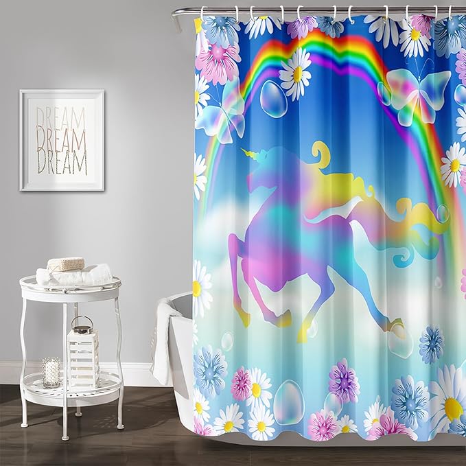 AILONEN Unicorn Shower Curtain, Kawaii Rainbow Unicorn Theme Bathroom Decor,Colorful Flower Butterfly Waterproof Fabric Shower Curtain Set for Girls Teens Kids,72" W*78" H