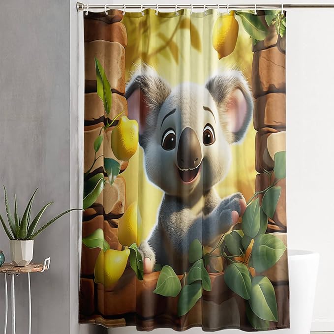 AILONEN Cartoon Koala Shower Curtain for Kids,Kawaii Lemon Koala Shower Curtain for Bathroom,Lovely Animals Shower Curtain Set with Hooks,72" W*72" H