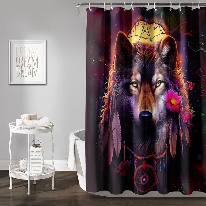 AILONEN 3D Wolf Dream Catcher Shower Curtain for Bathroom,Safari Wolf Printed Bath Curtain for Boys Men,Wildlife Decoration Shower Curtain Waterproof 36" W*72" H