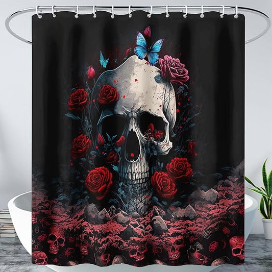 AILONEN 3D Skull Shower Curtain,Oil Ren Rose with Ruins Skull Skeleton Design Shower Curtain Set for Boys Girls Teens,Gothic Skull Waterproof Fabric Shower Curtain for Bathroom,48" W*72" H