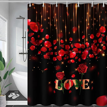 AILONEN Red Rose Flower Shower Curtain,Red and Black Shower Curtain,Romantic Flower Couple Lover Bath Curtain,Rose Themed Bathroom Decor,Waterproof 72" W x 84" H