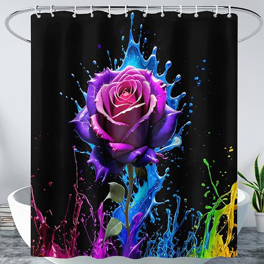 AILONEN Purple Rose Flower Shower Curtain for Bathroom,Splash-Ink Rose Bath Curtain for Kids Girls Women,Romantic Minimalism Curtain Waterproof with 12 Plastic Hooks, 36" W*72" H