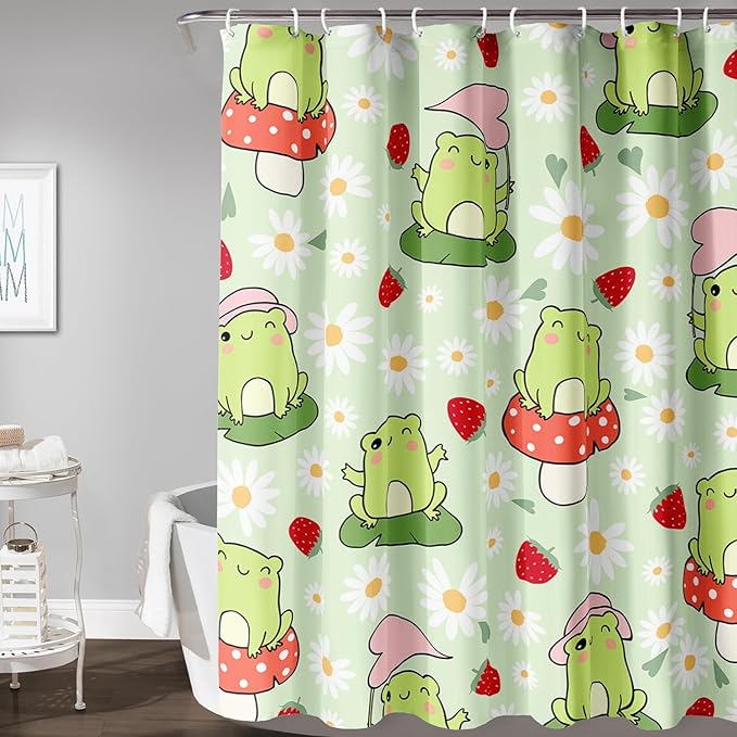 AILONEN Cute Frog Shower Curtain for Bathroom, Kawaii Strawberry and Frog Bath Curtain,Mushroom Frog Kids Girls Waterproof Curtain with 12 Plastic Hooks(48" W*72" H)