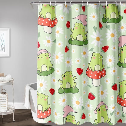 AILONEN Cute Frog Shower Curtain for Bathroom, Kawaii Strawberry and Frog Bath Curtain,Mushroom Frog Kids Girls Waterproof Curtain with 12 Plastic Hooks(48" W*72" H)