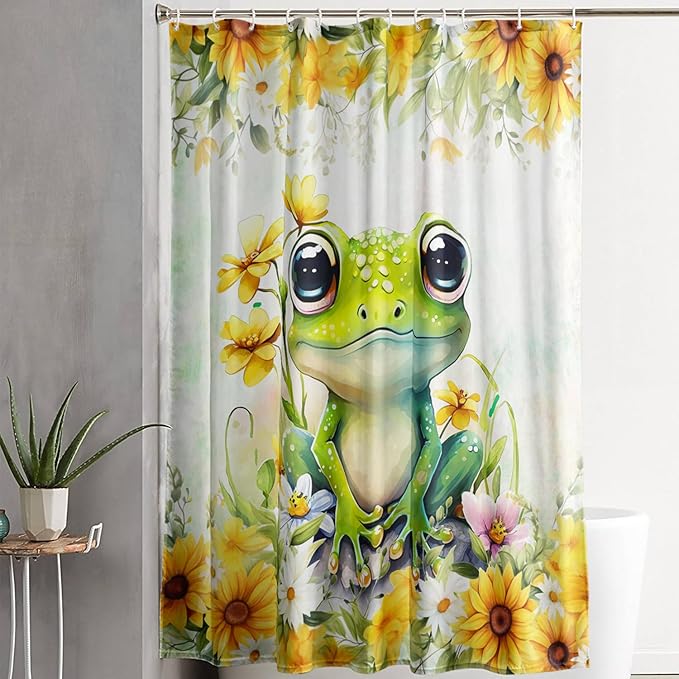 AILONEN Green Frog Shower Curtain,Cute Cartoon Frog Waterproof Fabric Shower Curtain for Bathroom,Beautiful Sunflower Kawaii Tree Frog Shower Curtain Set with Hooks for Kids Boys Girls,72" W*84" H