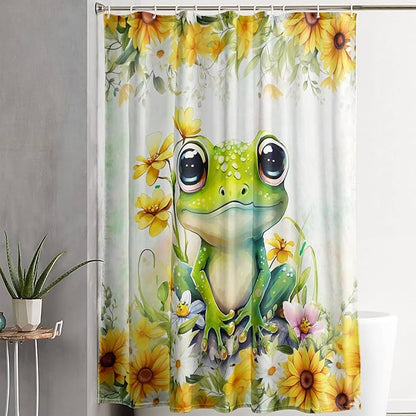 AILONEN Green Frog Shower Curtain,Cute Cartoon Frog Waterproof Fabric Shower Curtain for Bathroom,Beautiful Sunflower Kawaii Tree Frog Shower Curtain Set with Hooks for Kids Boys Girls,72" W*84" H