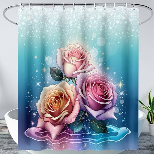 AILONEN Rose Shower Curtain for Bathroom Decor,Galaxy Pink Rose Bath Curtain Gifts for Girls Women,Modern Minimalism Curtain,Polyester Waterproof with 12 Plastic Hooks, 60" W*72" H