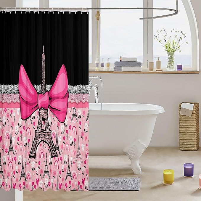 Feelyou Eiffel Tower Shower Curtain 72"x84" Kids Romantic Paris Bowknot Bathroom Shower Curtain Set for Boys Girls Teens Black Pink Bath Curtain Modern French Bathroom Accessories