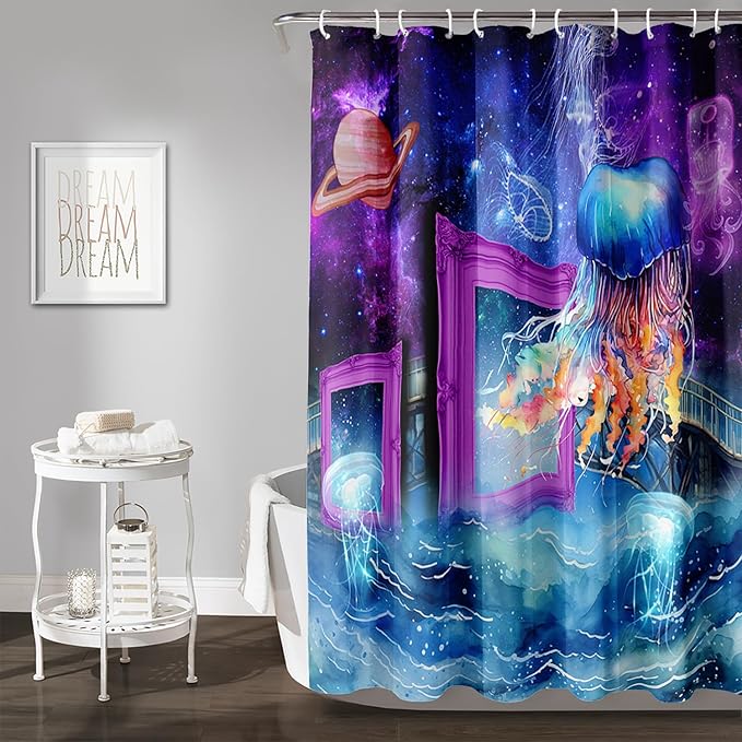 AILONEN Colorful Jellyfish Shower Curtains,Purple Galaxy Bath Curtains,Planet Jellyfish Curtains for Kids Boys Girls,Polyester Waterproof for Bathroom with 12 Hooks,72" W*72" H Purple
