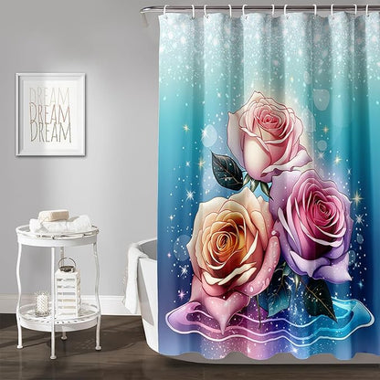 AILONEN Rose Shower Curtain for Bathroom Decor,Galaxy Pink Rose Bath Curtain Gifts for Girls Women,Modern Minimalism Curtain,Polyester Waterproof with 12 Plastic Hooks, 36" W*72" H