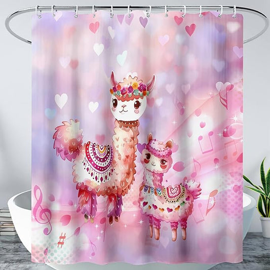AILONEN Kawaii Llama Shower Curtain for Kids Girls,Watercolor Llama Alpaca Theme Bath Curtain,Boho Llama Hearts Print Pink Shower Curtain Waterproof for Bathroom with 12 Plastic Hooks, 72" W*84" H