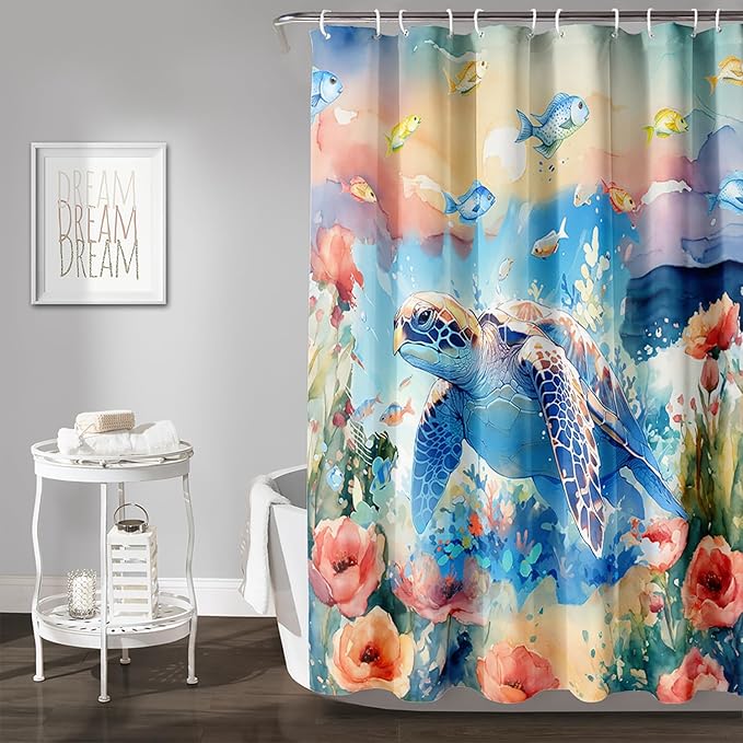 AILONEN Sea Turtle Shower Curtain,Watercolor Sea Turtle Bath Curtain for Girls Girls,Ocean Animal Fish Tie Dye Flower Shower Curtain for Bathroom Decor Waterproof with 12 Plastic Hooks, 72" W*96" H