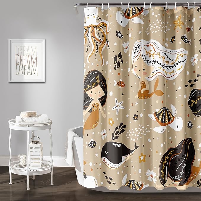 AILONEN Mermaid Shower Curtain,Octopus Whale Retro Mermaid Bath Curtain,Ocean Beach Polyester Waterproof for Bathroom,72" W*84" H with 12 Plastic Hooks