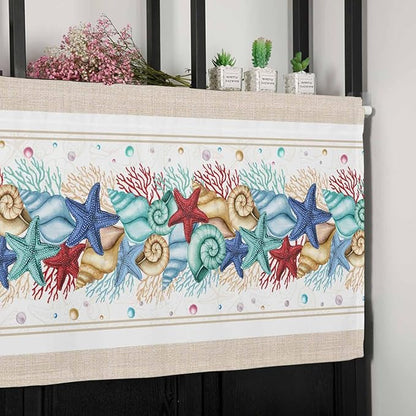 Coastal Beach Kitchen Curtains Valances for Windows Nautical Ocean Seashell Coral Starfish Rod Pocket Window Treatment for Kitchen /Living Room/Bedroom/ Bathroom, 42" X 18", Brown Aqua Summer