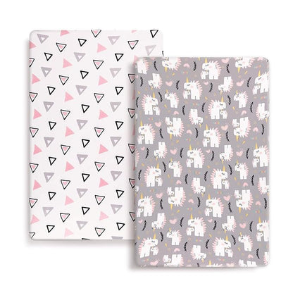 Stretchy Ultra Soft Jersey Knit Fitted Pack n Play Playard Sheets Set 2 Pack, Fits Portable/Mini Cribs Sheets, Playards Mattress Pads, Pink Simple Triangle/Dream Unicorn for Girls