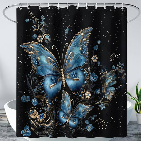 AILONEN Butterfly Shower Curtain for Bathroom, Blue Butterfly Waterproof Shower Curtain,Modern Fashion Minimalist Shower Curtain Bathroom Decor with 12 Plastic Hooks 60" W*72" H